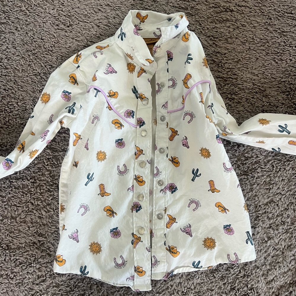 Wrangler Kids Western Print Button Down Shirt - White and Multicolor